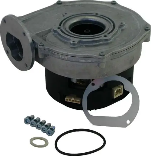 Gebläsemotor der Marke Wolf, mit Metallgehäuse und Anschlussbuchsen. Zubehör umfasst Schrauben und Dichtungen, präsentiert auf hellem Hintergrund.